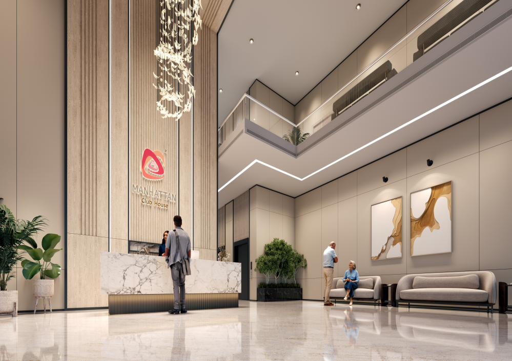 Double-height clubhouse reception lobby at Manhattan by Rosa